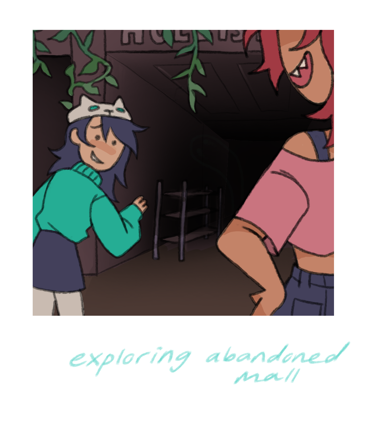 Picture of Twigs and Edith exploring an abandoned mall.