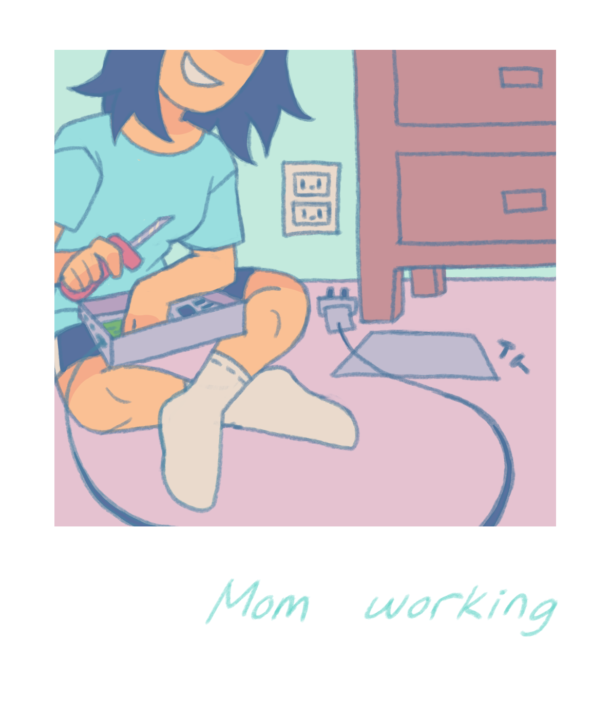 Twigs' Mom working on fixing something.